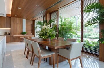 Fototapeta premium Elegant modern dining room with wooden finishes, plush seating, and abundant natural light from large windows overlooking lush greenery