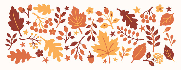 Beautiful autumn leaves, branches, acorns set. Botanical decoration, simple form. Naive cute modern cartoon style. Warm colors. Seasonal print, decoration, Thanksgiving, harvest season. © Anna