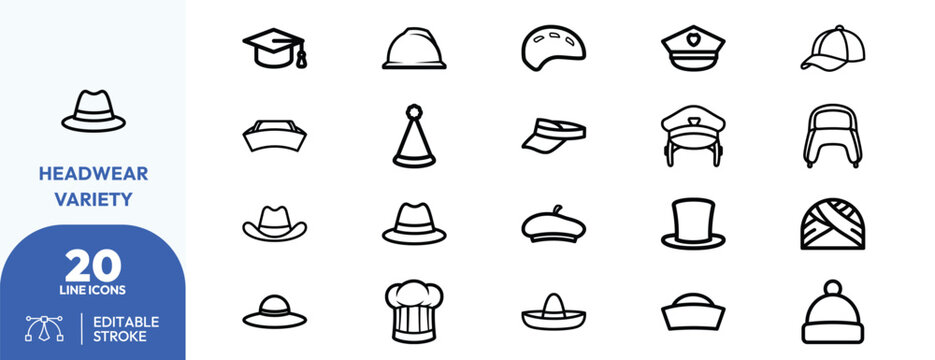 Headwear Variety icon set. Containing hat, cap, beanie, graduation cap, helmet, chef hat, and more. Editable stroke. Vector illustration.