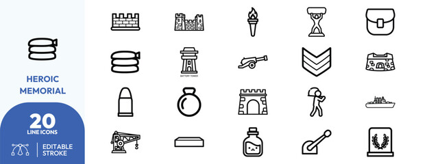 Naklejka premium Heroic Memorial icon set. Containing castle, trophy, cannon, soldier, and more. Editable stroke. Vector illustration.
