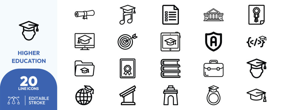 Higher Education icon set. Containing diploma, graduation cap, book, and online learning icons. Editable stroke. Vector illustration.