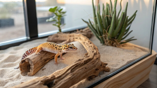 Leopard gecko reptile terrarium pet lizard sand desert crawling Leopard gecko crawling sand inside terrarium with driftwood and succulent plant