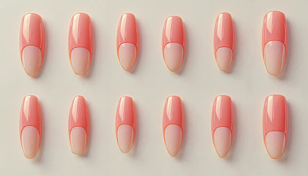 Pink nail extensions arranged on neutral background
