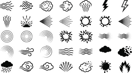 Comic book speed lines and explosion effects set with wind smoke lightning steam cloud flame and spray vector icons pack © MAYNA