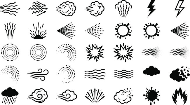 Comic book speed lines and explosion effects set with wind smoke lightning steam cloud flame and spray vector icons pack