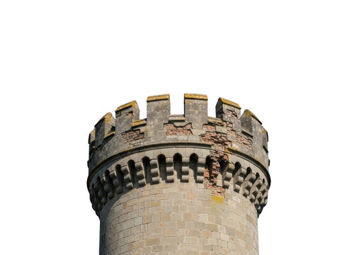 Weathered stone watchtower with battlements and crumbling brick masonry against a solid black background, isolated architectural detail