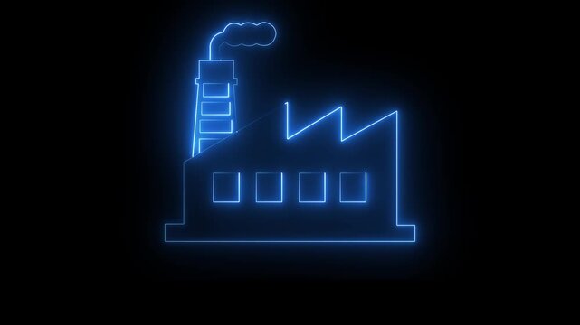 Glowing neon blue color factory icon on black background. Industrial factory icon animation.