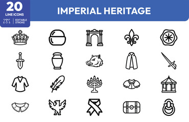 Imperial Heritage icon set. Containing crown, cap, column, sword, urn, and more. Editable stroke. Vector illustration. © khopidd232