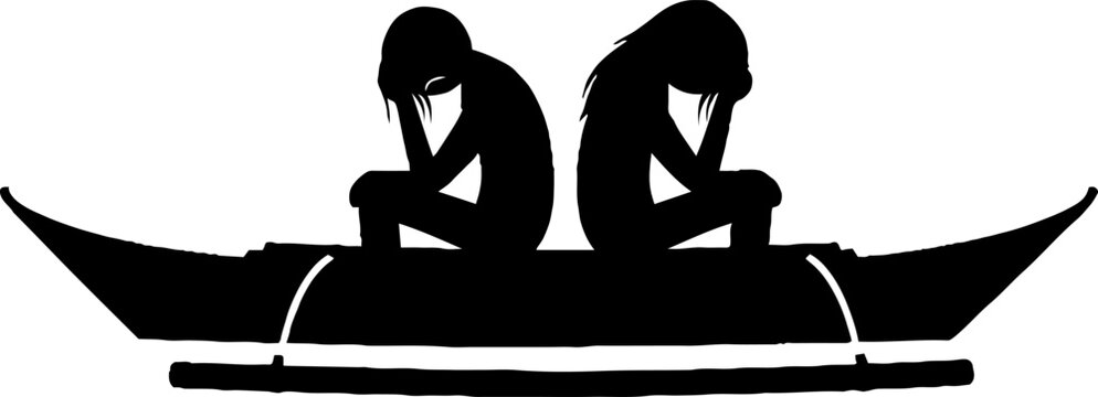 Distressed couple sitting back to back in boat silhouette