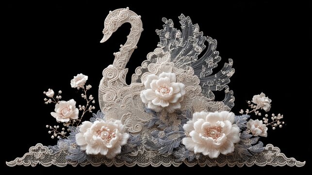 Ornate lacework composition featuring an elegant swan figure surrounded by delicate fabric flowers on a black background