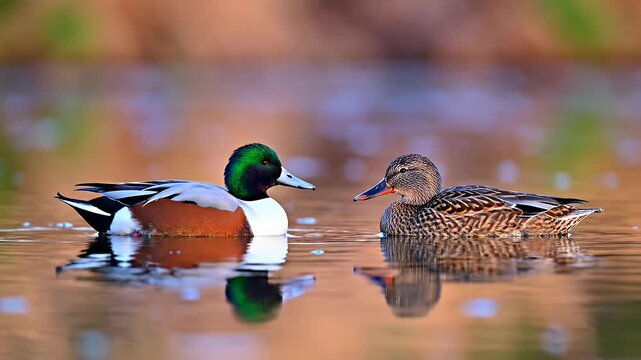 Two ducks floating on water with detailed feathers and reflections