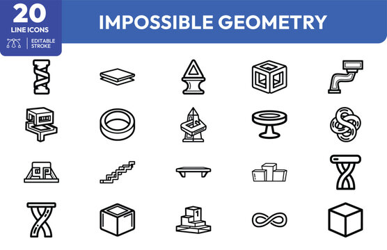Impossible Geometry icon set. Containing shapes, objects, structures, designs, figures, forms, and more. Editable stroke. Vector illustration.