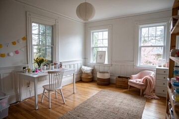 Fototapeta premium Bright and airy craft room with white desk, chair, pink armchair, and natural light flowing through windows