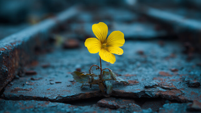 Ai Flower growing between stones on an old path showing nature's persistence and strength amidst a harsh environment