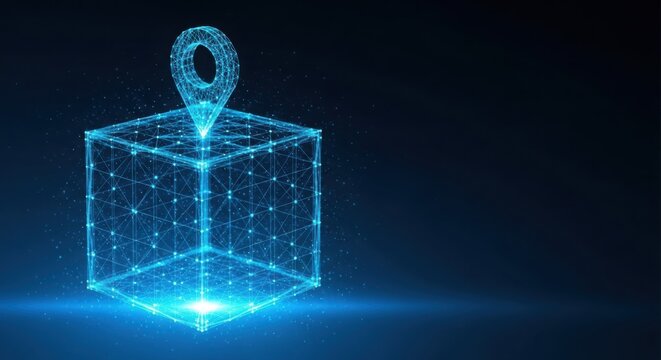 Digital cube with location pin wireframe tech concept illustration