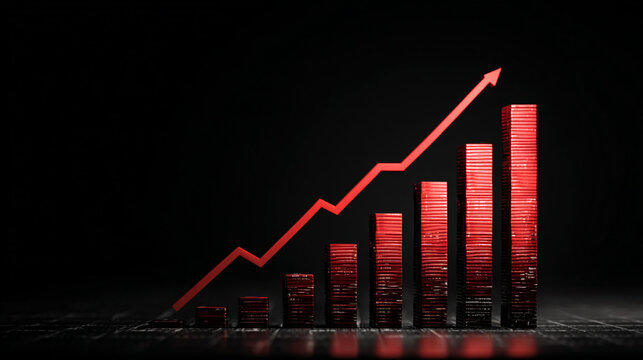 finance Abstract black background uptrend arrow with candlesticks and bar chart show innovation of economy business statistics with Earth network with glowing nodes and triangle polygon linesIt
