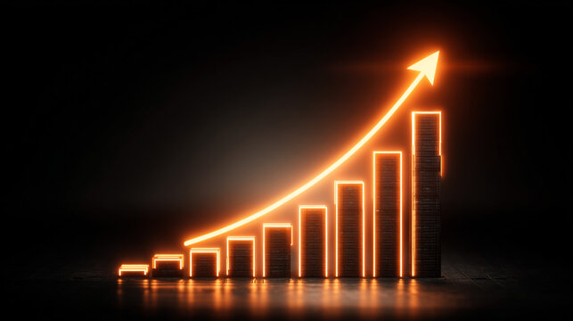 finance Abstract black background uptrend arrow with candlesticks and bar chart show innovation of economy business statistics with Earth network with glowing nodes and triangle polygon linesIt
