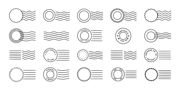 Postage stamps set with various designs and patterns in black and white featuring vintage, classic, mail with post and envelope elements for