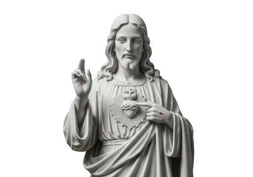 White marble statue of jesus christ with the sacred heart, showing stigmata wounds on hands and a blessing gesture against a black background