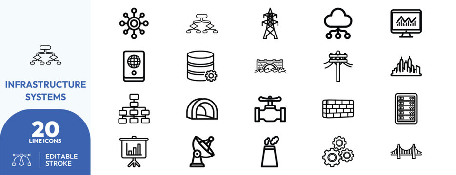 Infrastructure Systems icon set. Containing network, database, monitoring, utility, and more. Editable stroke. Vector illustration.