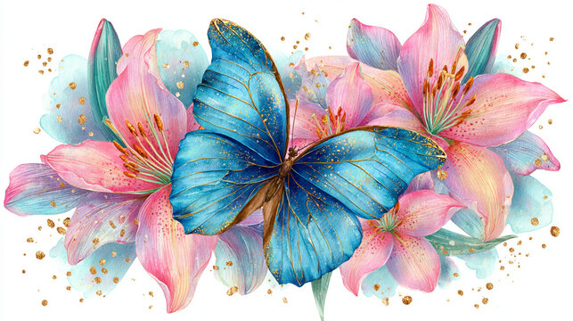 watercolor botanical butterfly and flowers texture template background.Elegant wedding invitation card background . Minimal hand painted Design for wedding or Valentine's Day
