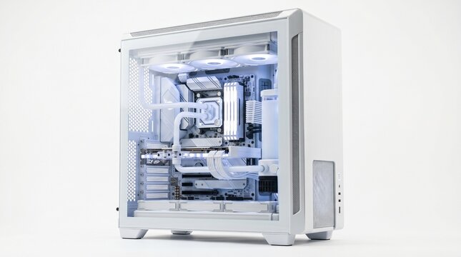High-end custom gaming PC with white liquid cooling system, powerful desktop computer tower with RGB lighting, modern workstation for gaming and content creation