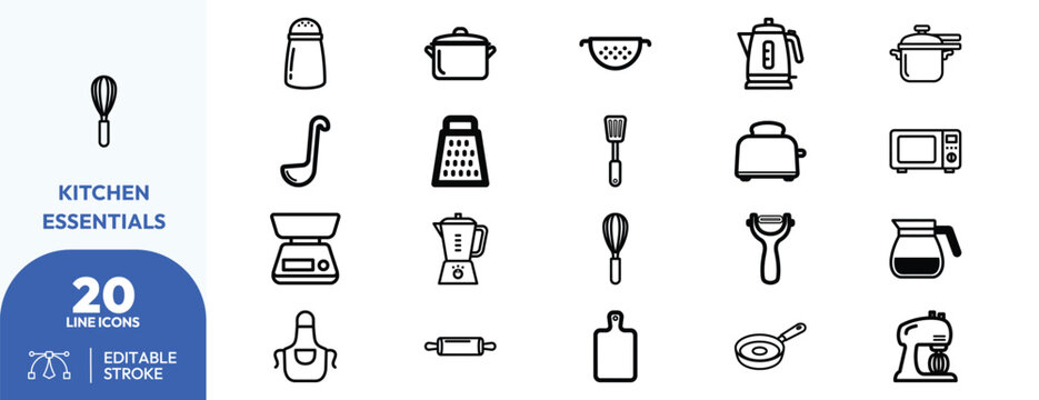 Kitchen Essentials icon set. Containing whisk, pot, kettle, toaster, blender, and more. Editable stroke. Vector illustration.