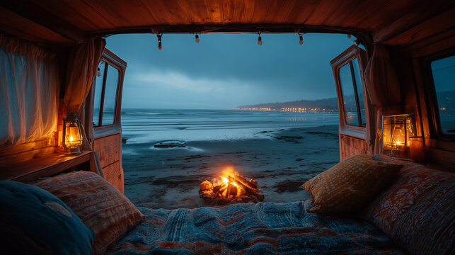 Ai Cozy camp setup with soft bed and warm fire at beach during evening hours with view of ocean