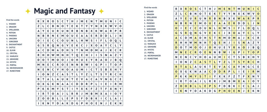 Word seek puzzle sheet with magic and fantasy theme  