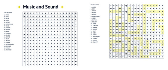 Word seek puzzle sheet featuring music and sound themes   © Violet