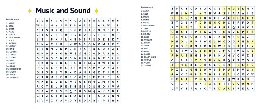Word seek puzzle sheet featuring music and sound themes  