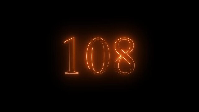 Neon 108 number mathematics text icon animation  orange color text on black background.