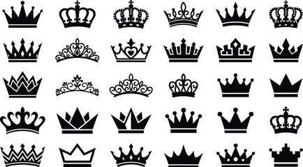 Large collection of black crown icons and tiara silhouette vector graphics isolated on a clean white background. © MAYNA