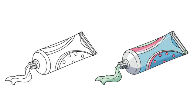 Side by side illustration of two toothpaste tubes with one outlined in black and white and the other colored in blue and pink.