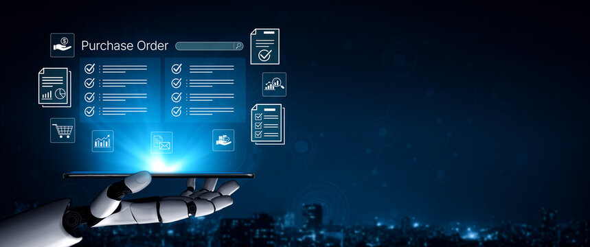 Futuristic robotic hand holding digital interface displaying purchase order management system in a tech-savvy urban environment at night. Bitwise.