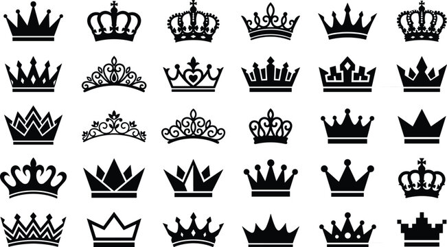 Large collection of black crown icons and tiara silhouette vector graphics isolated on a clean white background.
