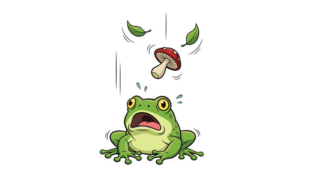Surprised green frog looking up as red mushroom and green leaves fall from sky towards its head in funny cartoon scene.
