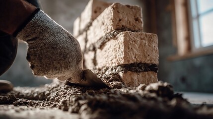 Fototapeta premium Construction worker carefully laying bricks and applying mortar to build a solid wall
