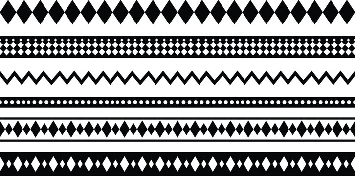 Geometric Decorative Border Pattern Collection Featuring Diamond Zigzag and Dotted Tribal Design Elements for Creative Textile and Background Use