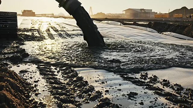 Industrial pipe discharging sediment onto a geotextile area. Large scale dredging and dewatering at a construction site. Environmental remediation concept, ideal for industrial waste management.