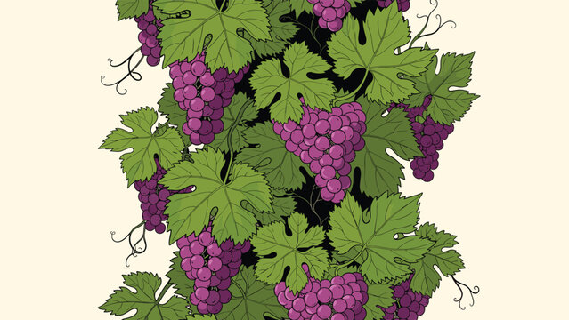 Dense vertical pattern shows clusters of ripe purple grapes hanging among lush green vine leaves on a pale cream background.