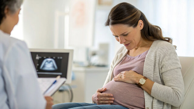 Pregnant woman prenatal care ultrasound doctor clinic maternity smiling in medical office during checkup, touching baby bump near sonogram monitor