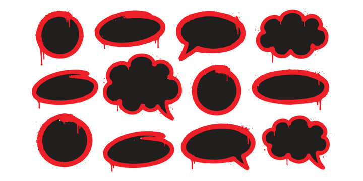 Set of black speech bubbles with red graffiti style outlines and paint drip effects