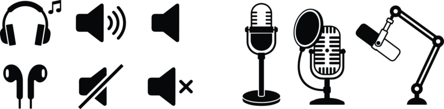 Black Audio Equipment Icon Collection Featuring Headphones, Speakers, Earbuds, Microphones, and Podcast Recording Devices for Multimedia Applications