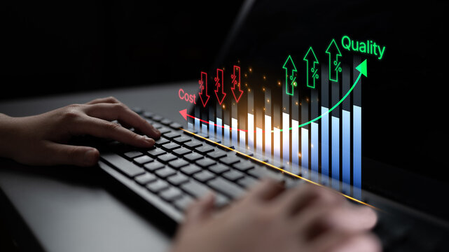 Cost and Quality Analysis Visual Representation with Hand on Keyboard and Rising Graph Indicator Illustrating Business Growth Concepts. Bitwise.