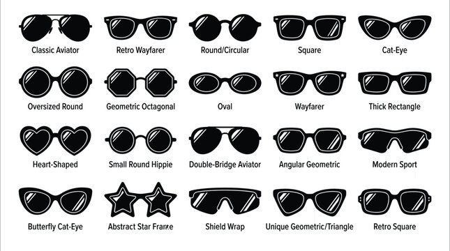 Sunglasses frame shapes and styles set with aviator wayfarer round square cat eye heart and geometric vector icons collection