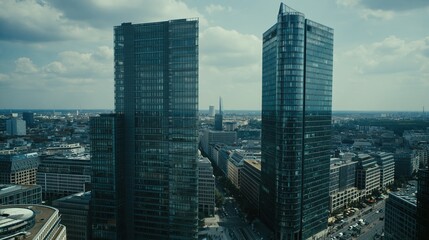 Obraz premium Modern Cityscape with Tall Glass Skyscrapers and Urban Street View During Daylight