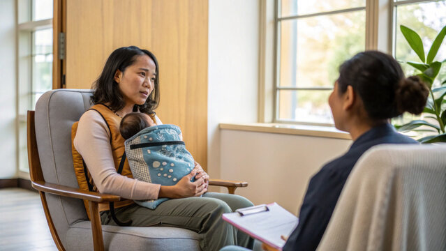 Mother baby counseling therapist office mental health postpartum support group mother holding baby during counseling session with therapist office