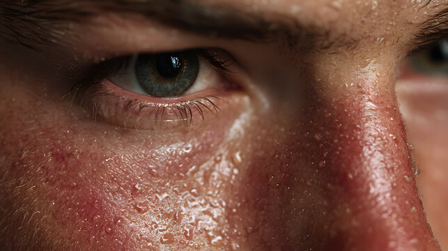 Close up of flushed face showing damp skin and beads of sweat on cheek and nose conveying heat and exertion