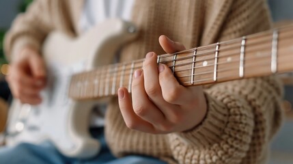 Obraz premium Close-up of a person's hands playing a white electric guitar, focusing on the frets and strings